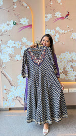 V neck embroidered cotton Anarkali suit set