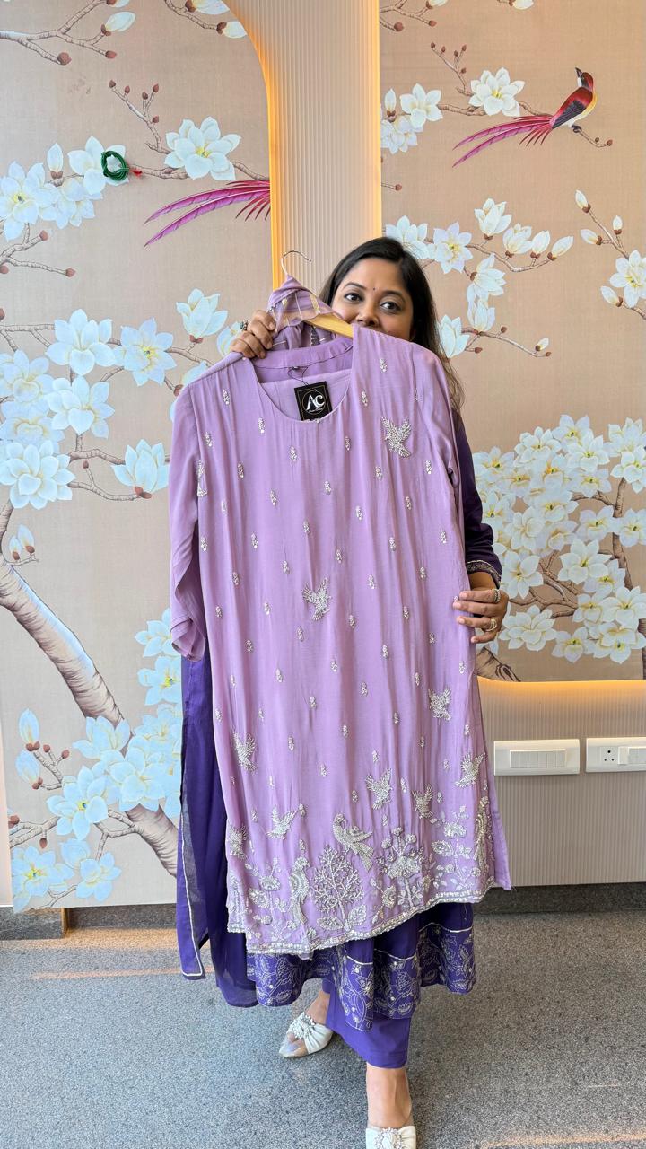 Pure chinon handwork party wear suit set in purple