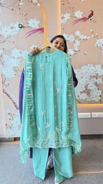 Pure chinon handwork party wear suit set in green