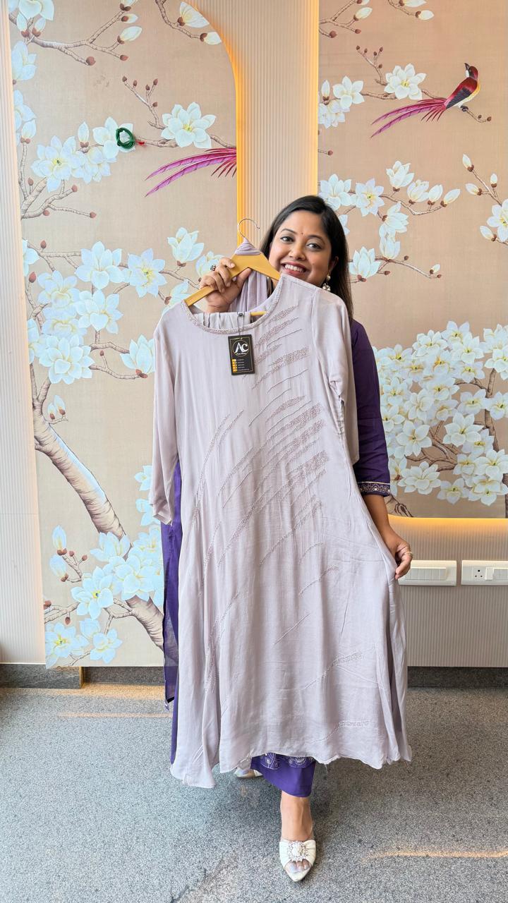 Premium chinon party wear hand work suit set in purple