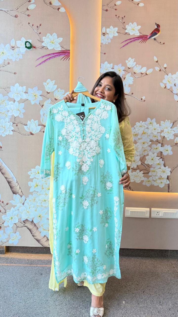 Restocked !! Pure Mul cotton chikankari full suit set in sea green !! Dispatch in 30 days (Comfort Fit)