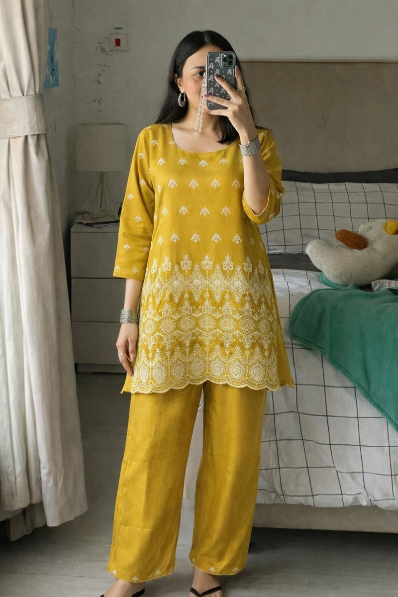 Vatican silk shifli co ord set in yellow