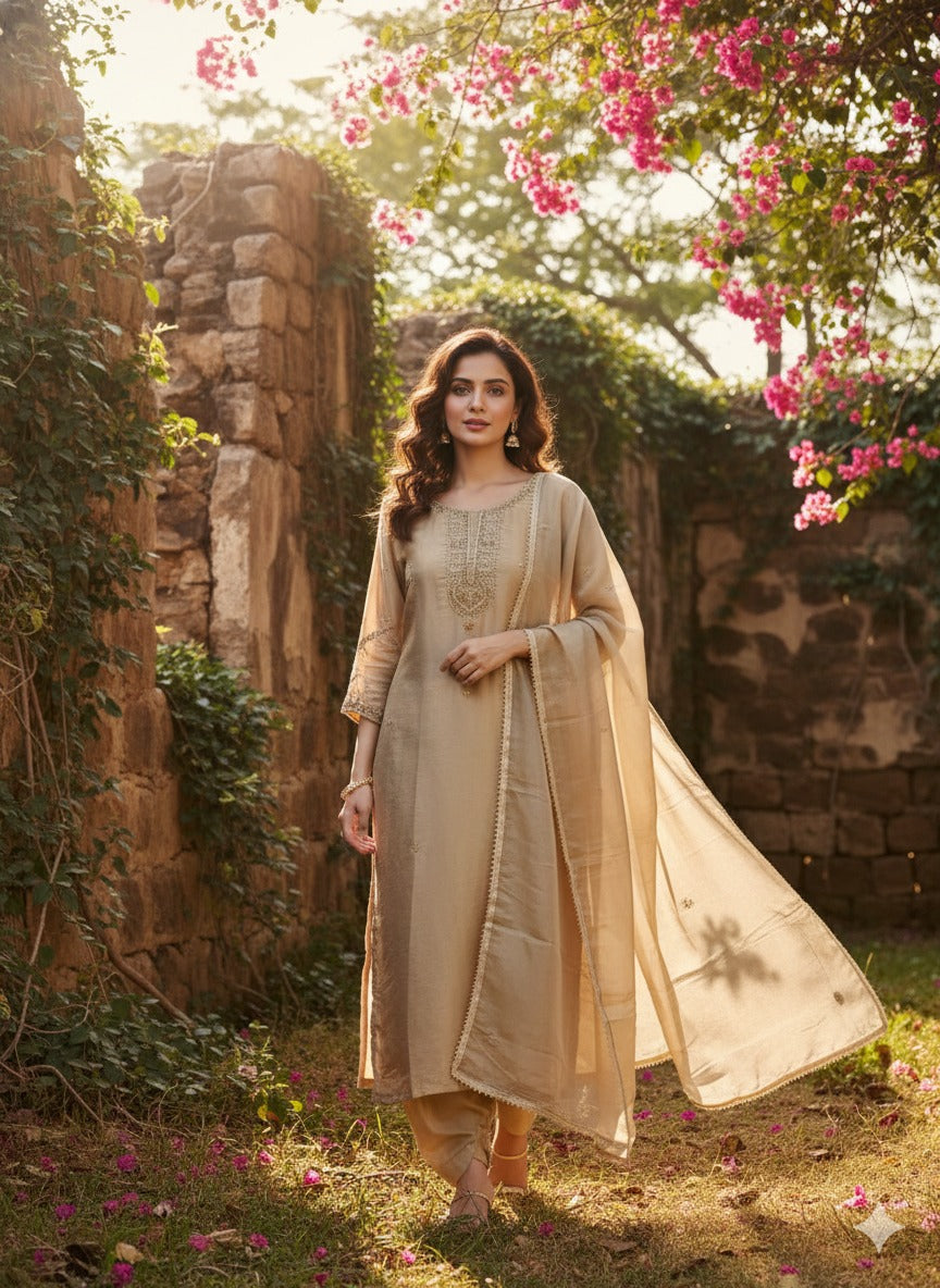 Super smart traditional tissue suit set with handwork in gold colour