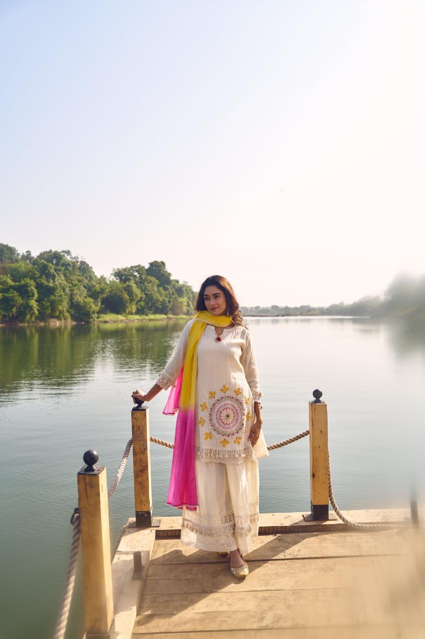 Premium textured cotton applique work suit set !!