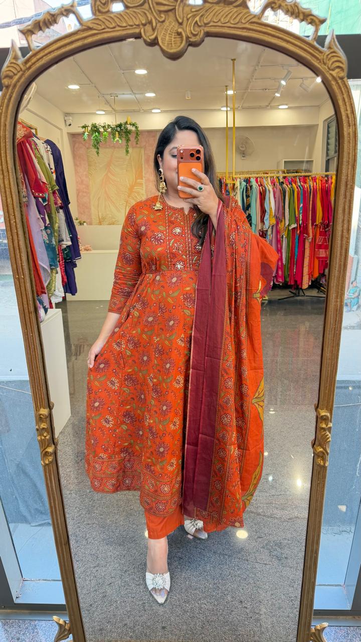 Pure cotton Kalamkari Anarkali suit set in Rust
