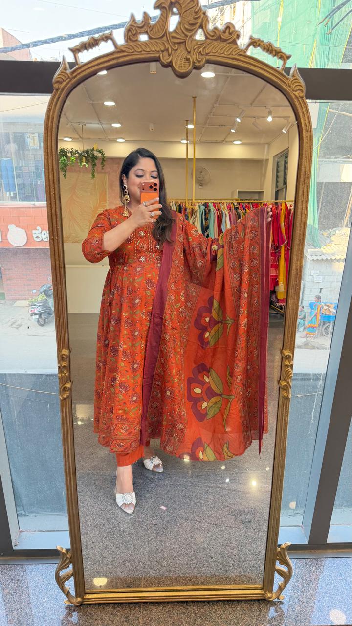 Pure cotton Kalamkari Anarkali suit set in Rust