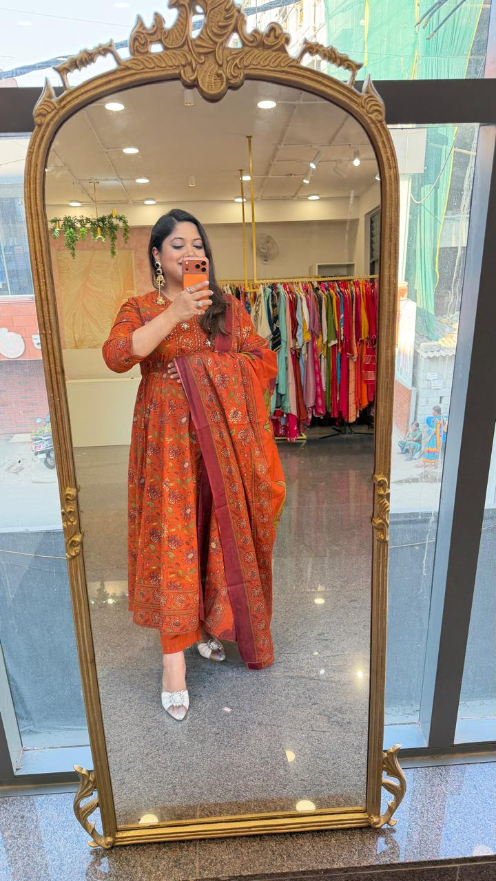 Pure cotton Kalamkari Anarkali suit set in Rust