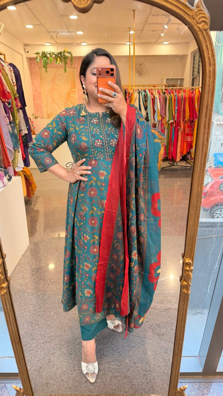 Pure cotton Kalamkari Anarkali suit set in green