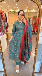 Pure cotton Kalamkari Anarkali suit set in green