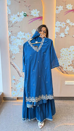 Wow Mul chanderi gotta detailing skirt plazzo suit set in blue