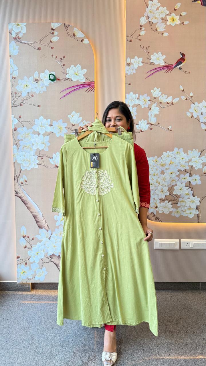 Mul cotton embroidered lining suit set set with pocket in mint green