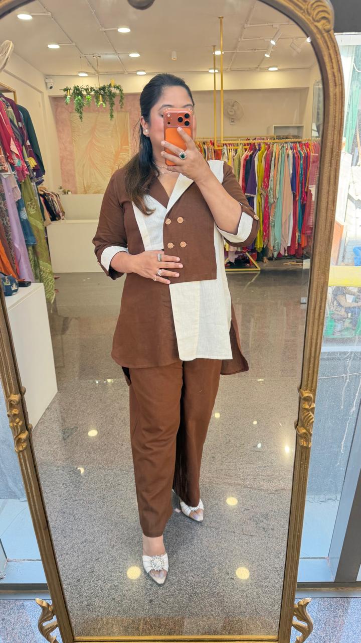Restocked !! Most elegant flex cotton co ord set in brown n beige !!