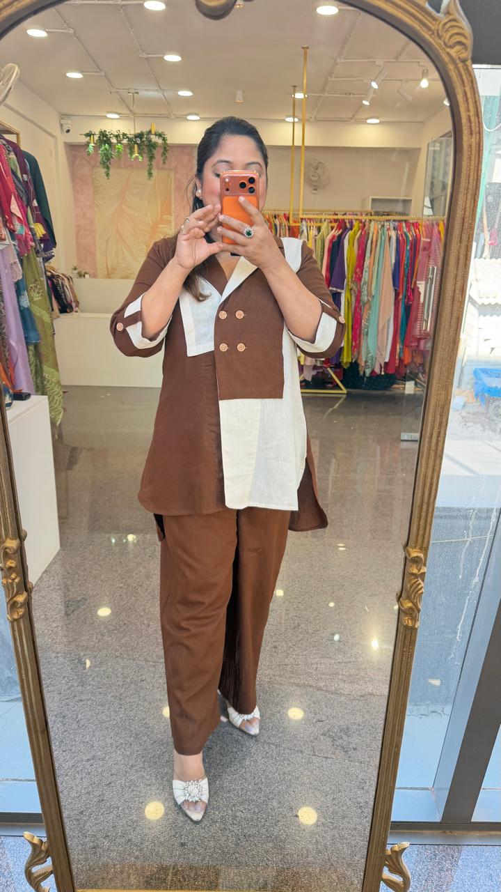 Restocked !! Most elegant flex cotton co ord set in brown n beige !!