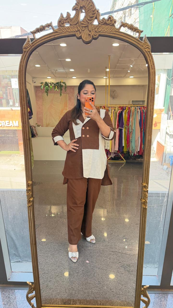 Restocked !! Most elegant flex cotton co ord set in brown n beige !!