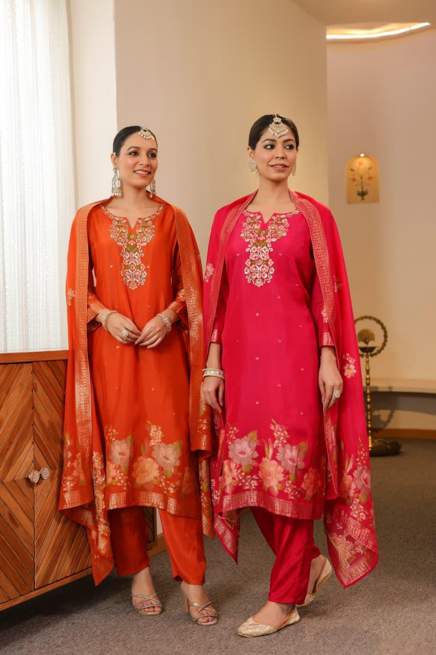 Pretty Russian silk hand work banarsai suit set in pink