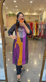 Mul cotton lining digital printed kurta pant in purple.Pockets in kurta