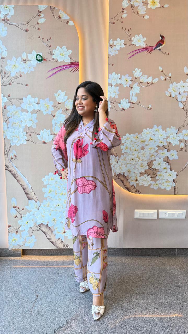 Pure crepe digital printed purple co ord set