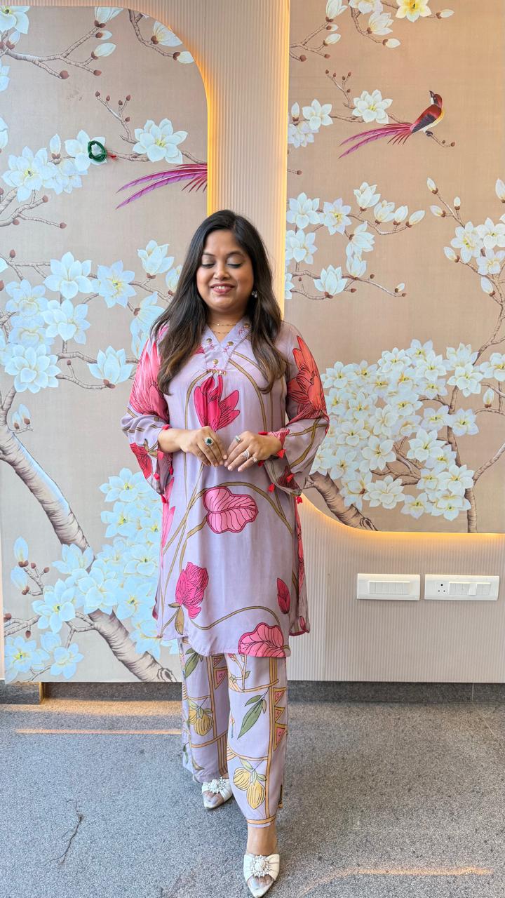 Pure crepe digital printed purple co ord set