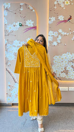 Premium cotton embroidered angrakha Anarkali in yellow