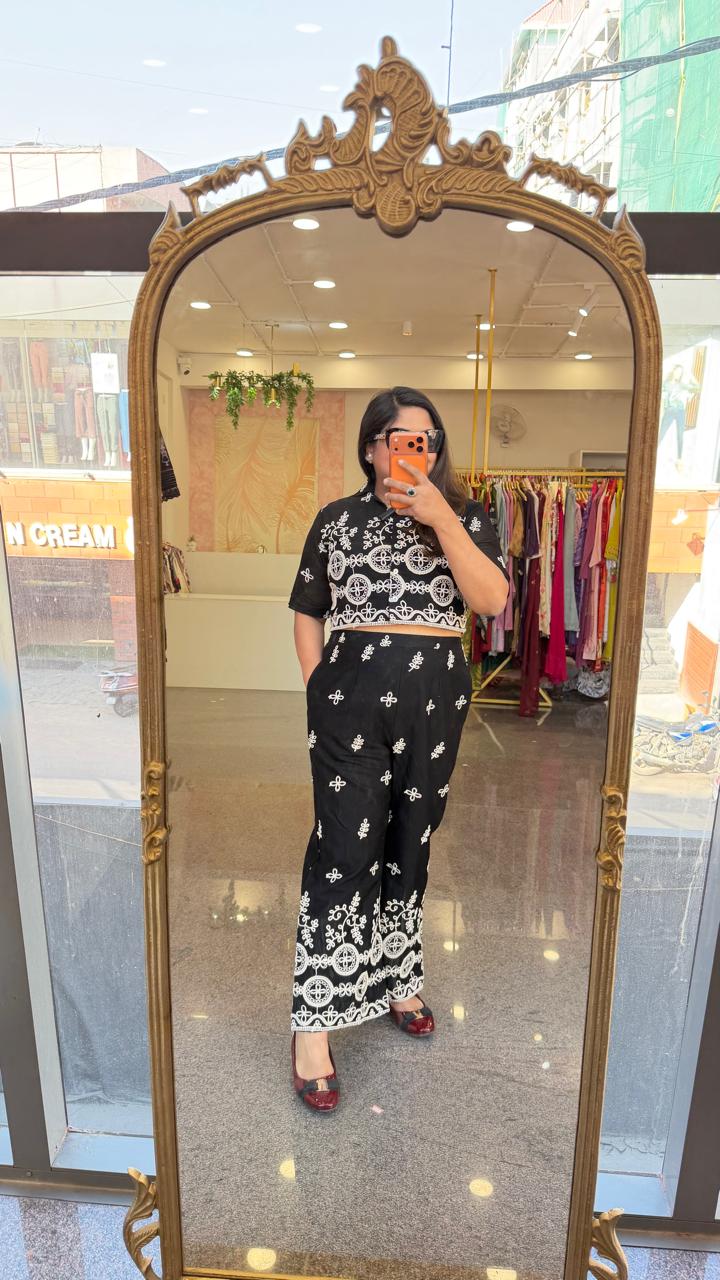 Stylish crop top fully embroidered front n back co ord in black