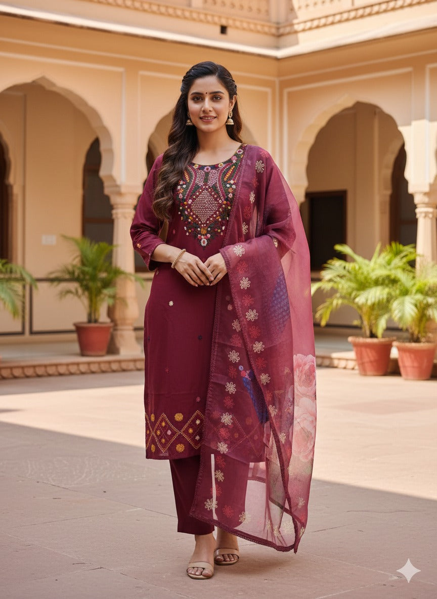 Pretty Modale embroidered suit set in wine