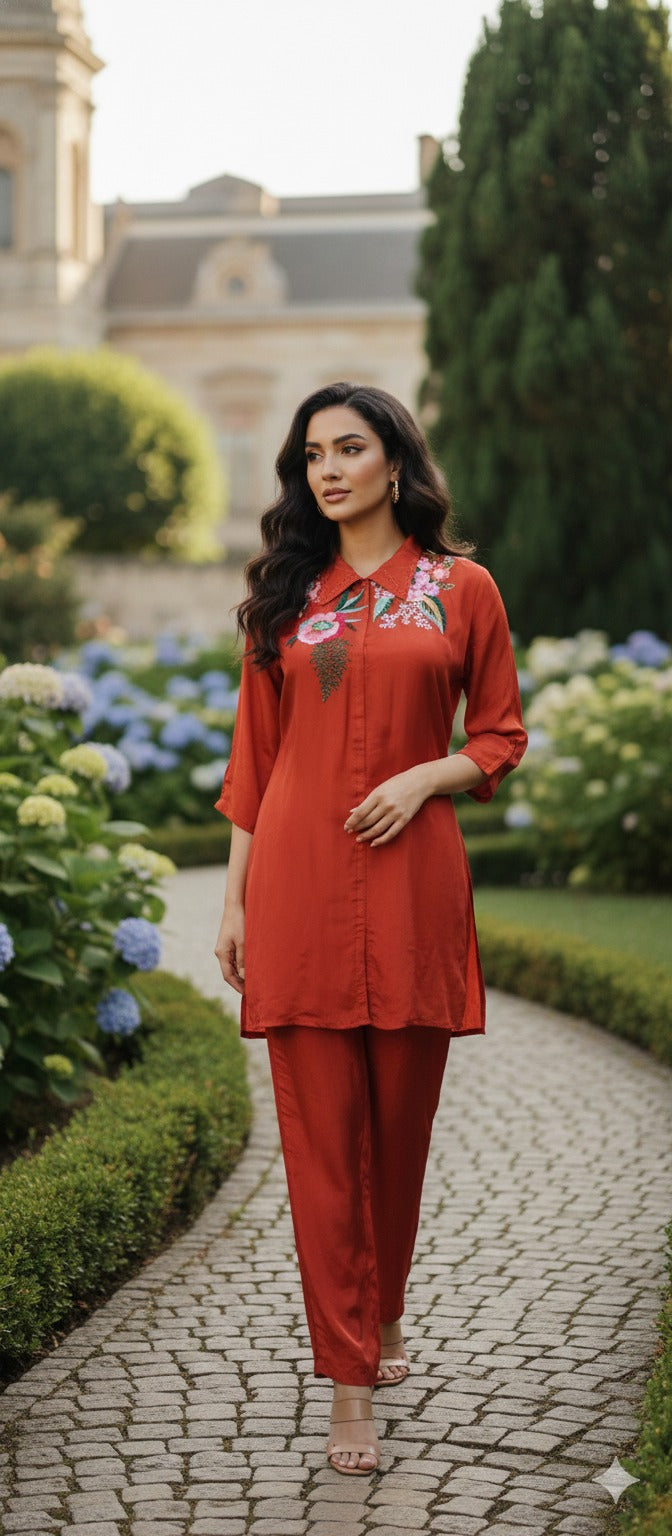 Premium fully embroidered orange Mul chanderi co ord set