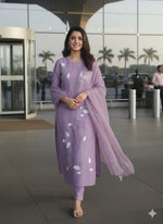 Pretty Modale fully embroidered suit set in lilac