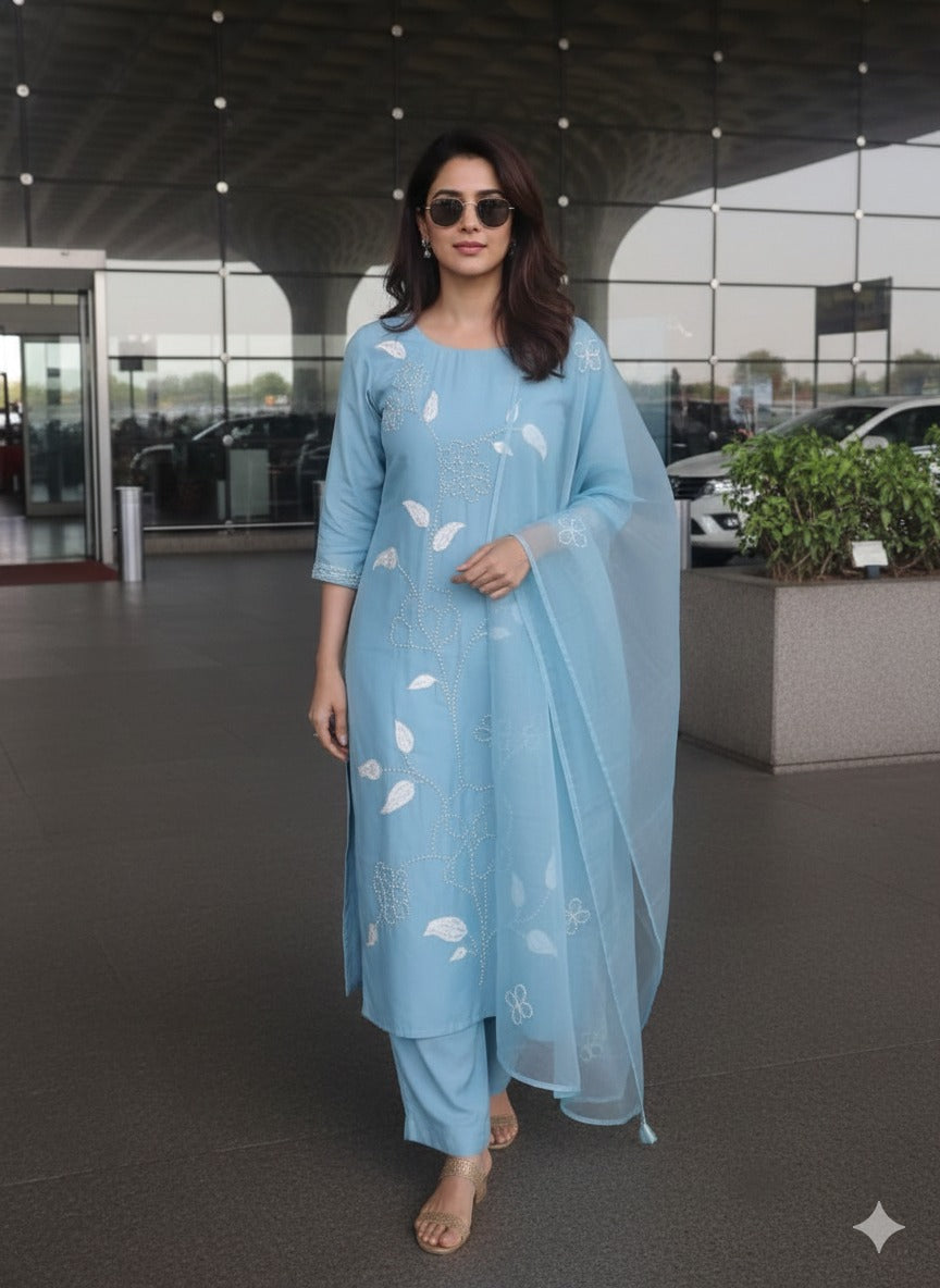 Pretty Modale fully embroidered suit set in blue