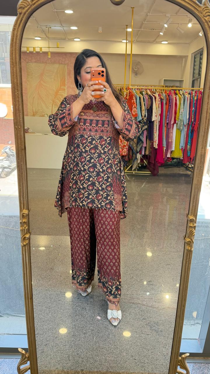 Pure crepe ajrakh printed viral co ord set