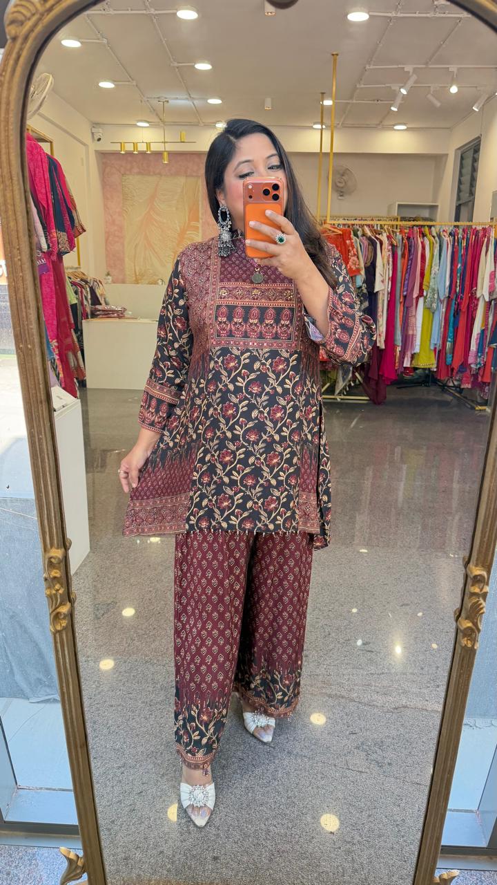 Pure crepe ajrakh printed viral co ord set