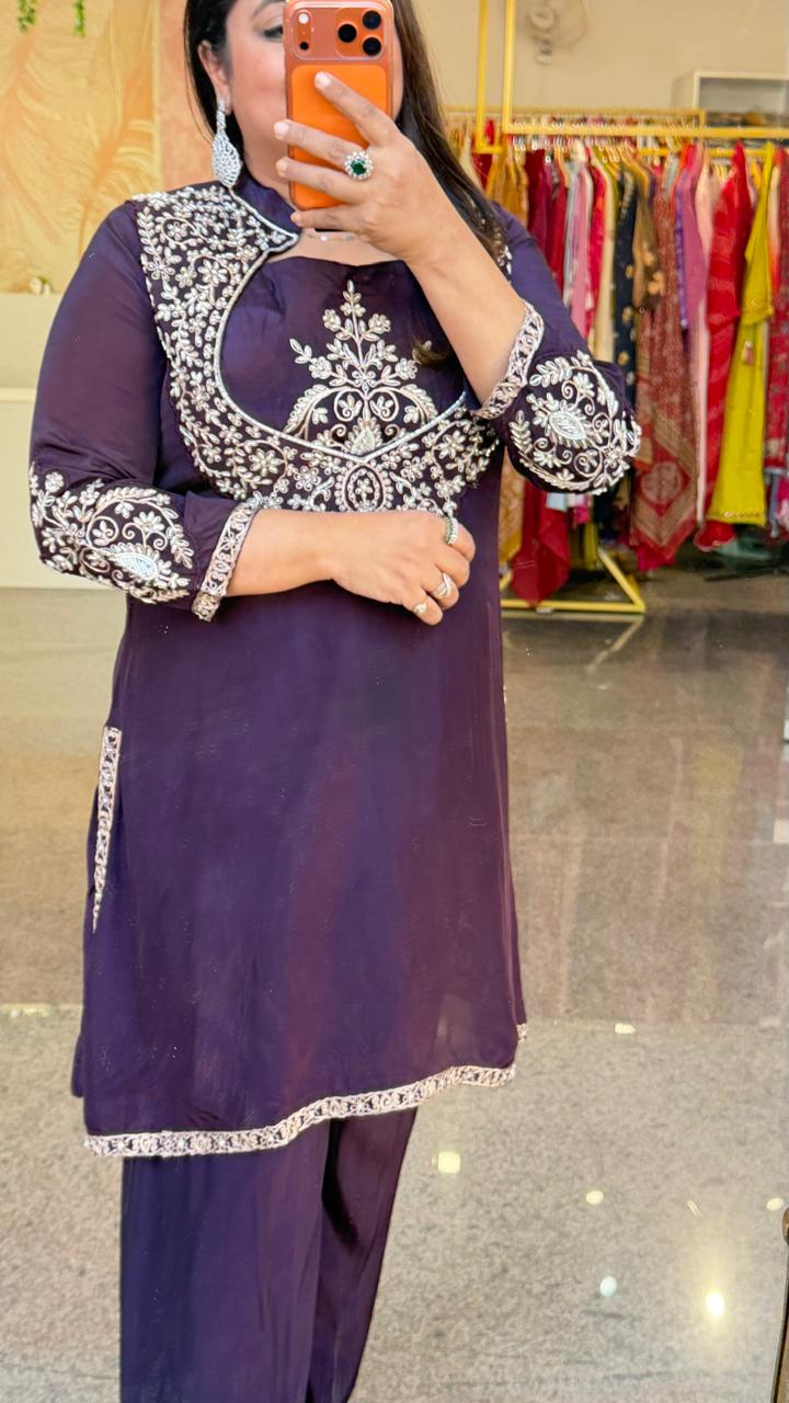 Designer crepe silk full handover heavy party wear co ord true to size