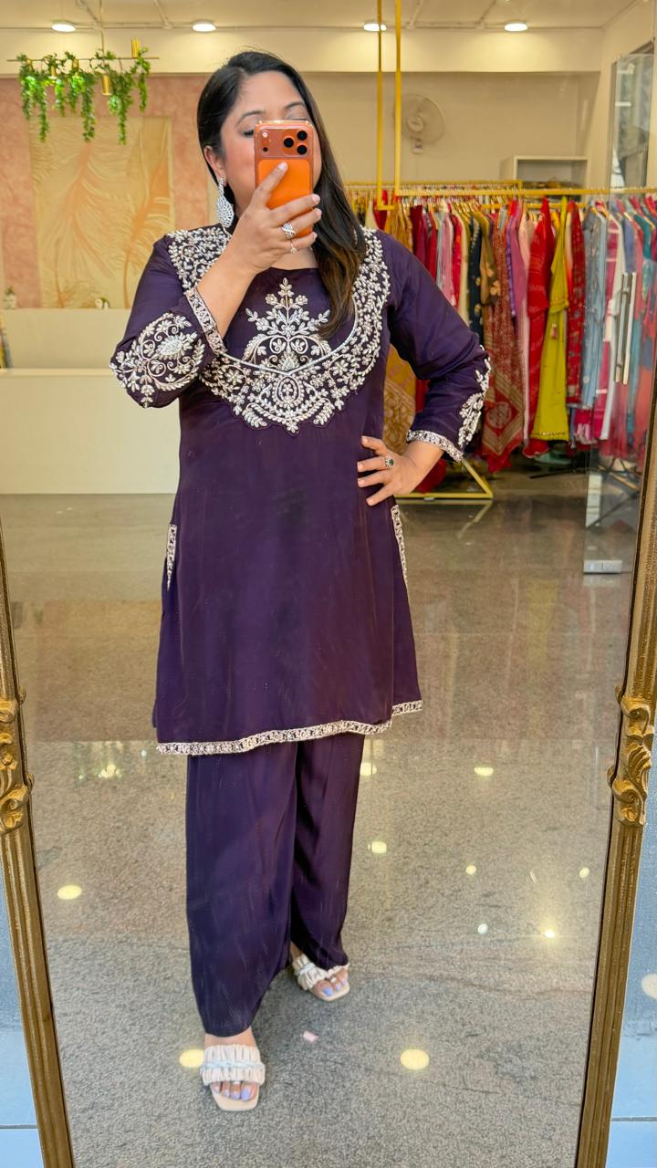 Designer crepe silk full handover heavy party wear co ord true to size