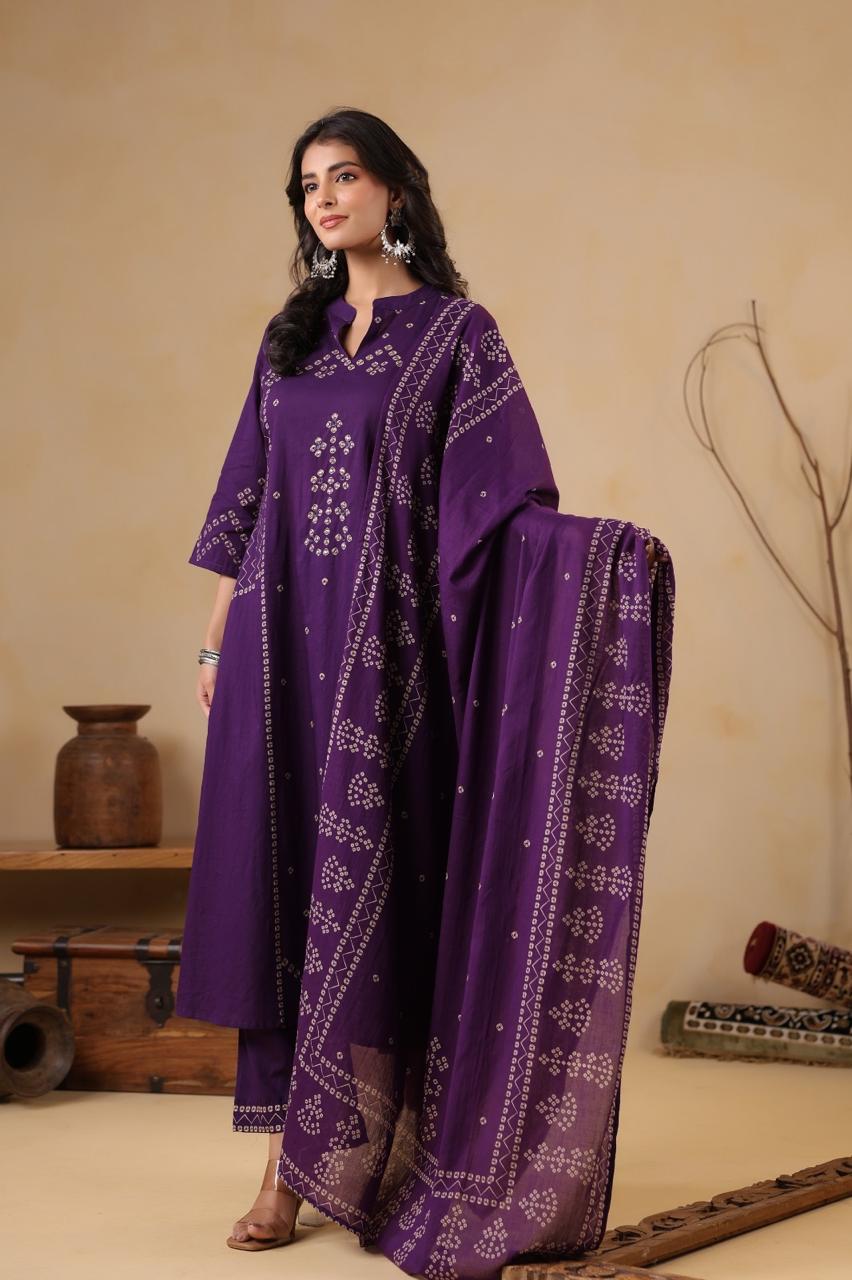 Smart purple bandhani full suit set