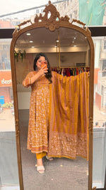 Pure cotton angrakha pattern Anarkali suit set in yellow