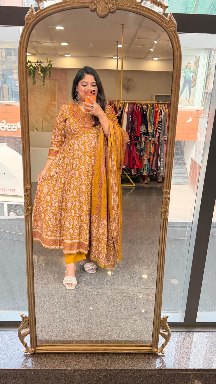 Pure cotton angrakha pattern Anarkali suit set in yellow