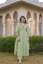 Premium Dobby cotton in embroidered suit set in green