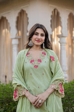 Premium Dobby cotton in embroidered suit set in green