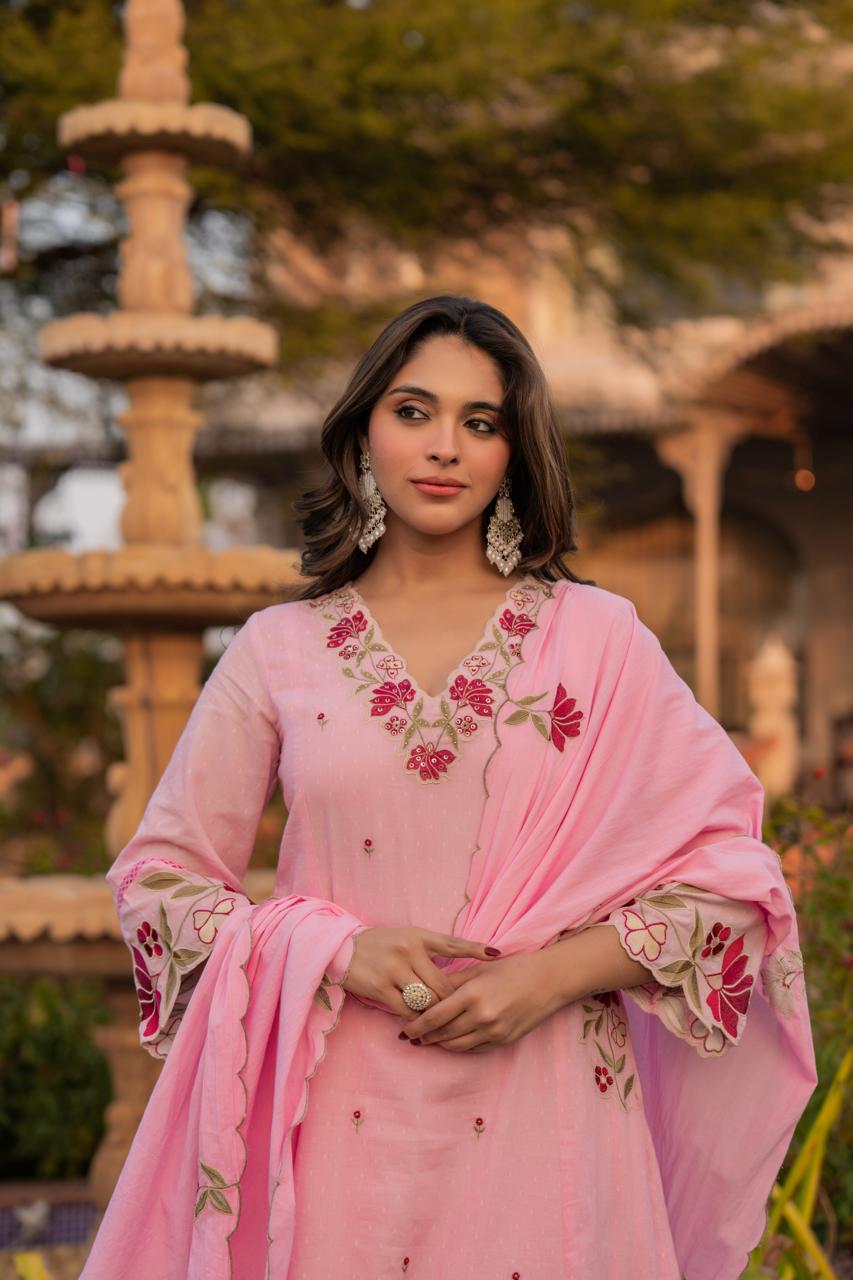 Premium Dobby cotton in embroidered suit set in pink