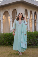 Premium Dobby cotton in embroidered suit set in blue