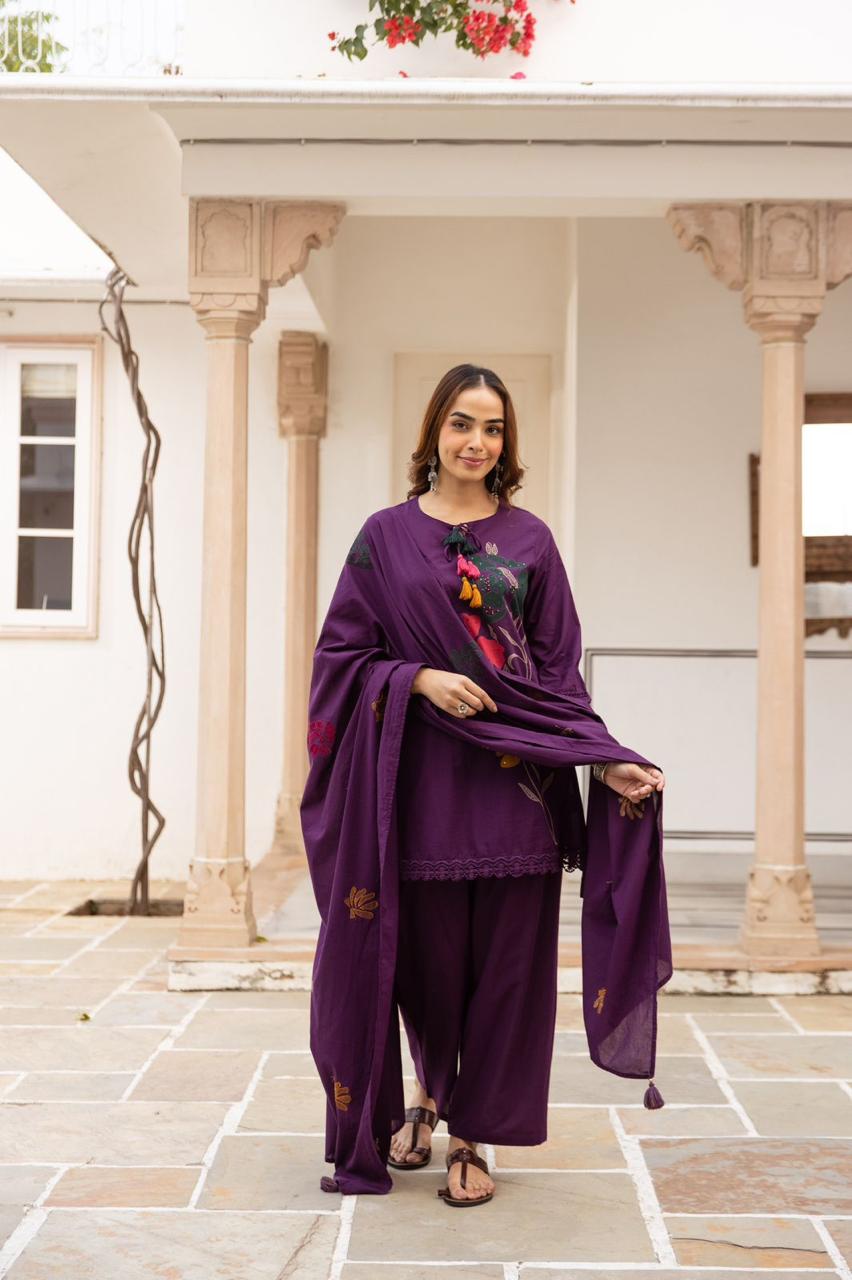 Applique work Mul cotton full suit set