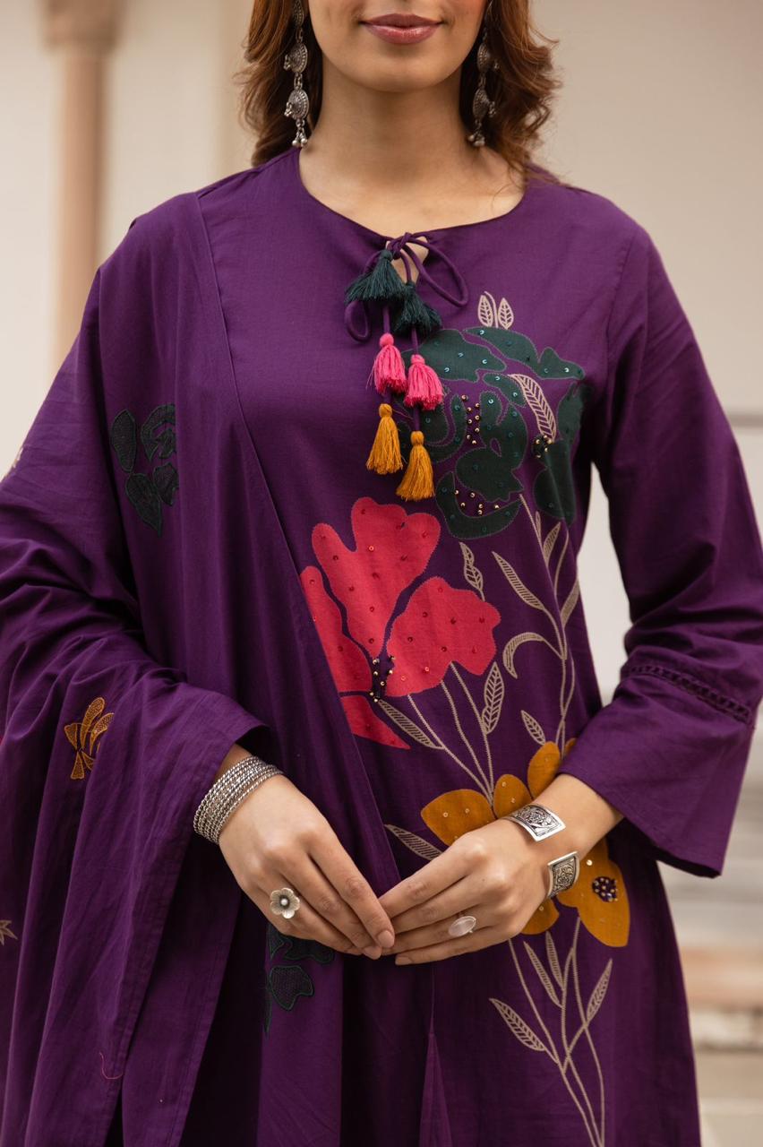 Applique work Mul cotton full suit set