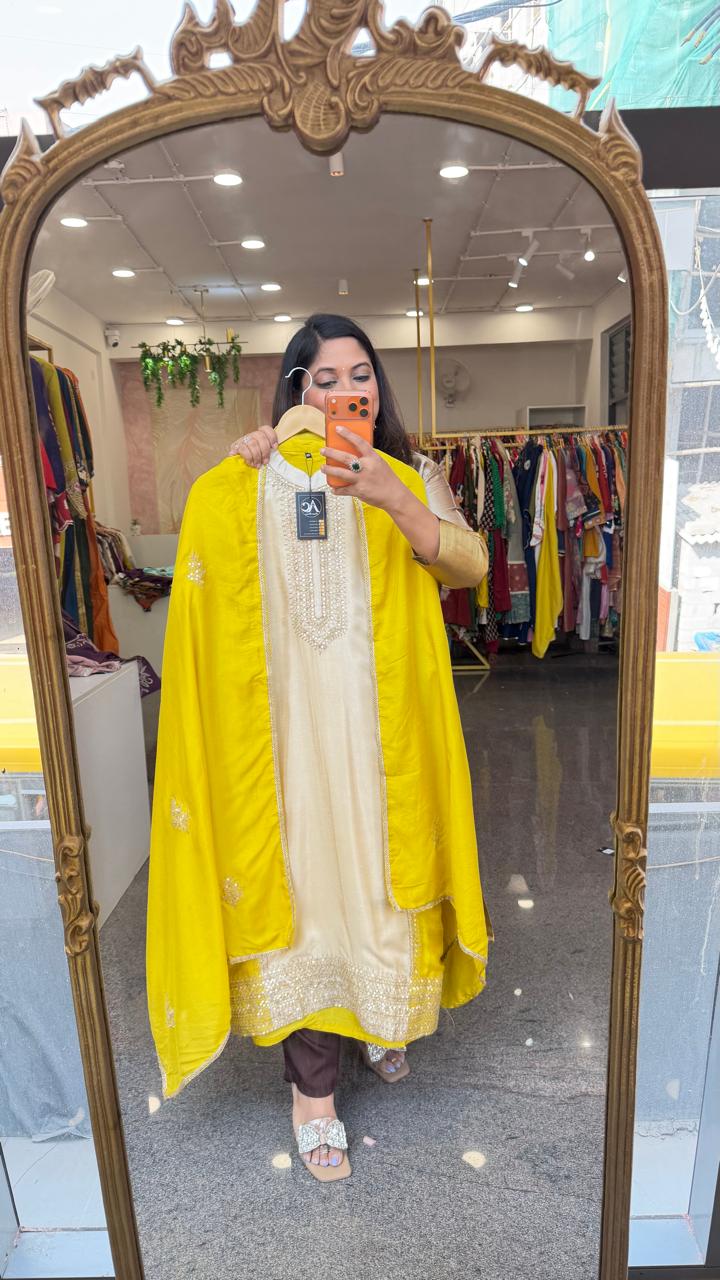 Premium dola silk handwork suit set in yellow n ivory