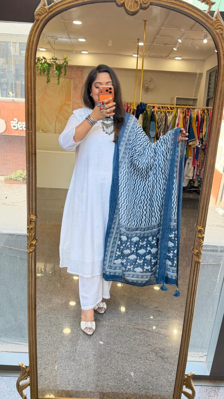 Premium cotton lining suit set paired with blue indigo dupatta