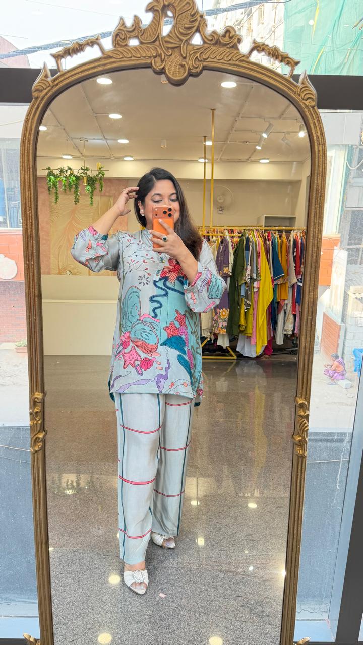Pure crepe digital printed high low co ord set in grey