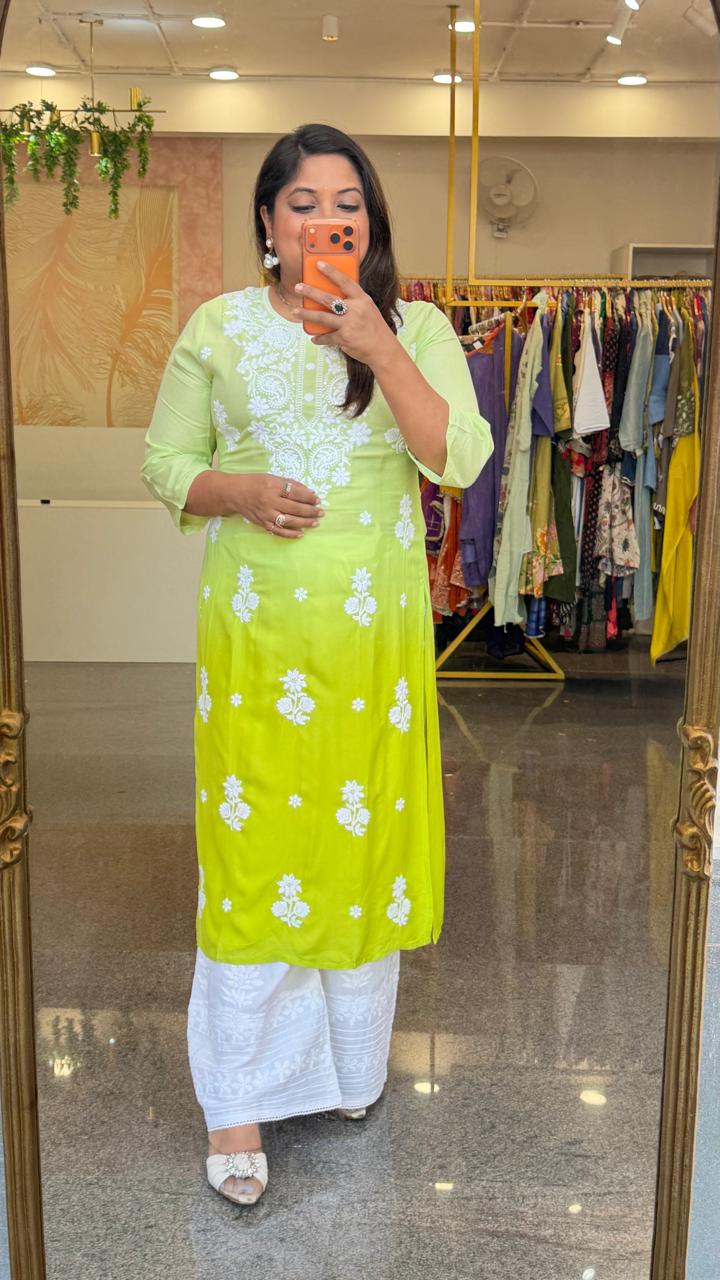 Super pretty ombré effect soft rayon chikankari kurta in green