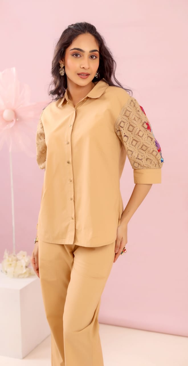 Designer embroidered sleeves beige co ord set