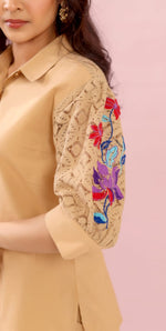 Designer embroidered sleeves beige co ord set