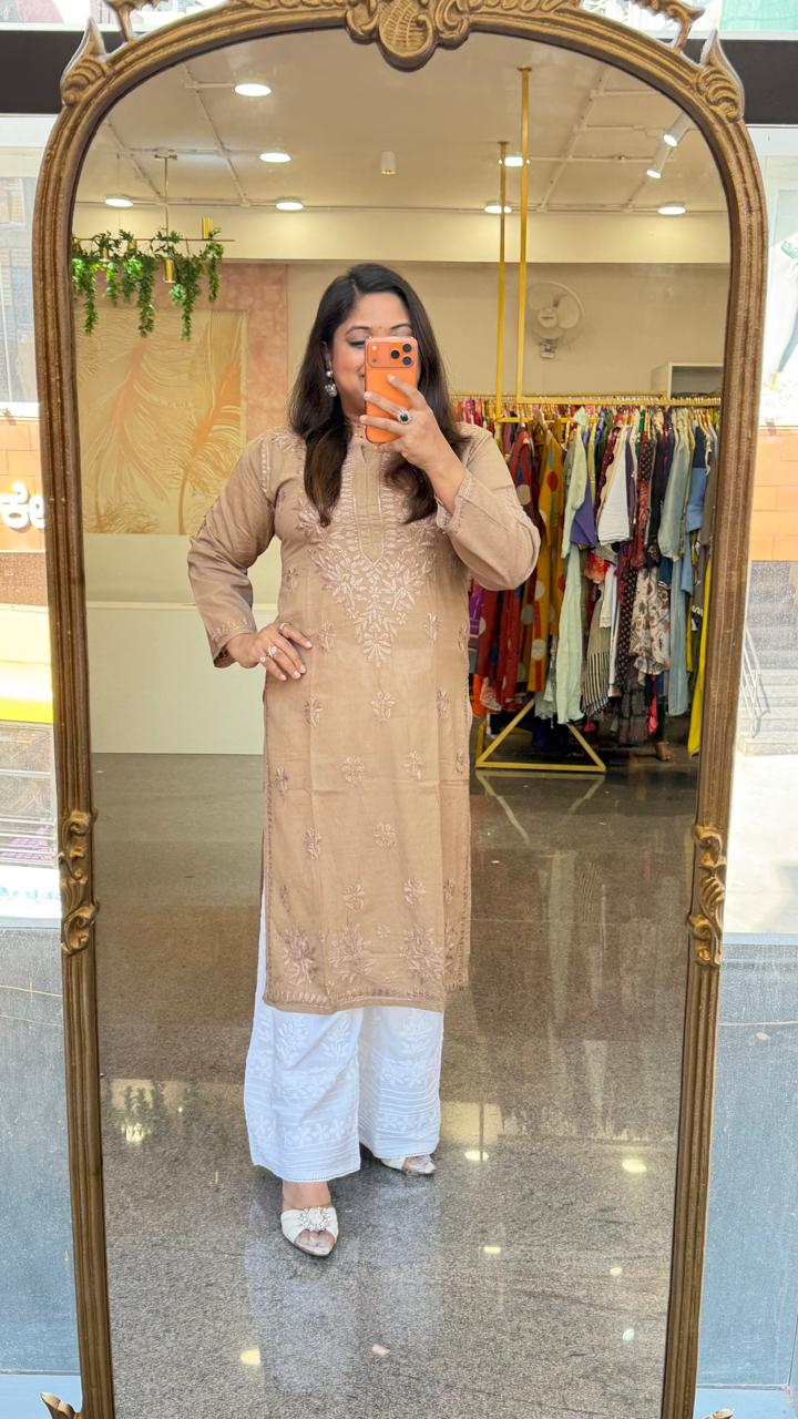 Super pretty chikankari designer front n back kurta in chiku colour