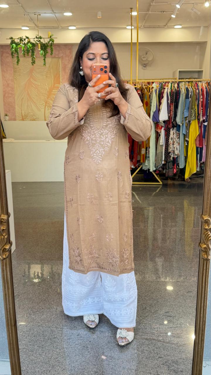 Super pretty chikankari designer front n back kurta in chiku colour