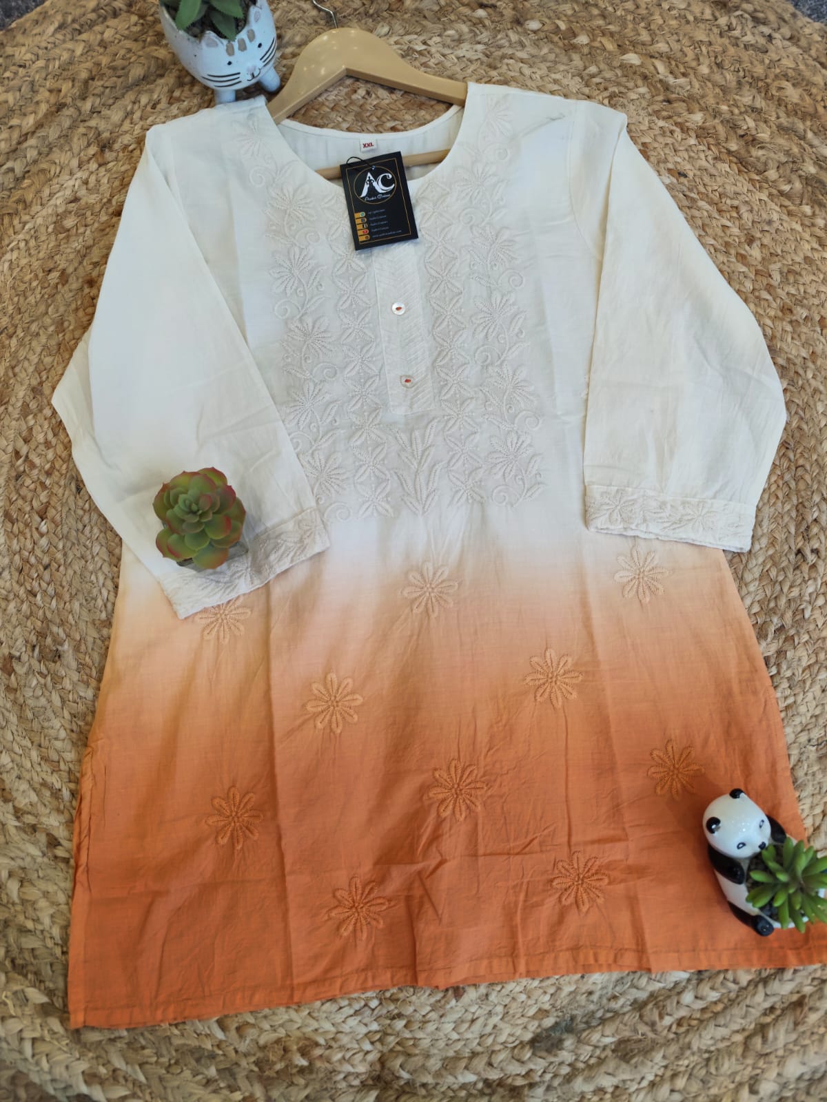Ombré effect chikankari cotton short top in orange